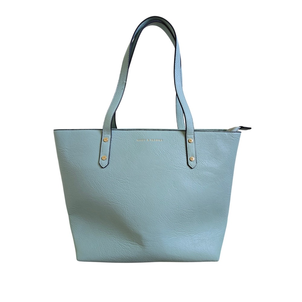 Poppy & Peonies Go Getter Mint Green Vegan Leather Laptop Tote Bag Gold Hardware